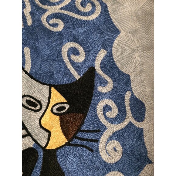 Modern Abstract Embroidered Pillow Cover  Handmade Blue & Gold Boho Feline Art - Picture 11 of 11